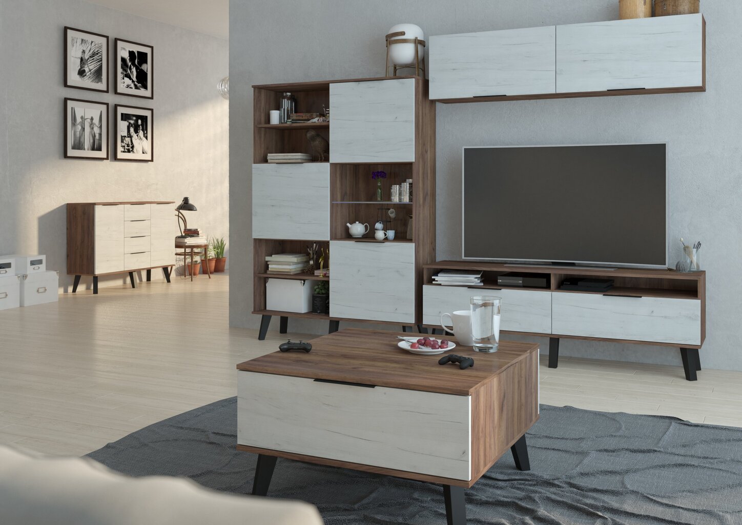 TV staliukas Sven 3D, tamsiai rudas/baltas kaina ir informacija | TV staliukai | pigu.lt