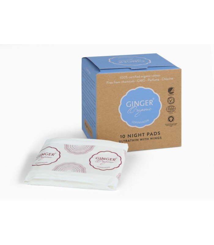 Naktiniai higieniniai paketai Ginger Organic, 10 vnt kaina ir informacija | Tamponai, higieniniai paketai, įklotai | pigu.lt