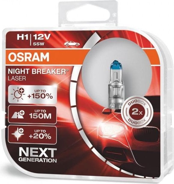 Automobilinės lemputės Osram Night Breaker Laser (Next Generation) H1, 2 vnt. kaina ir informacija | Automobilių lemputės | pigu.lt