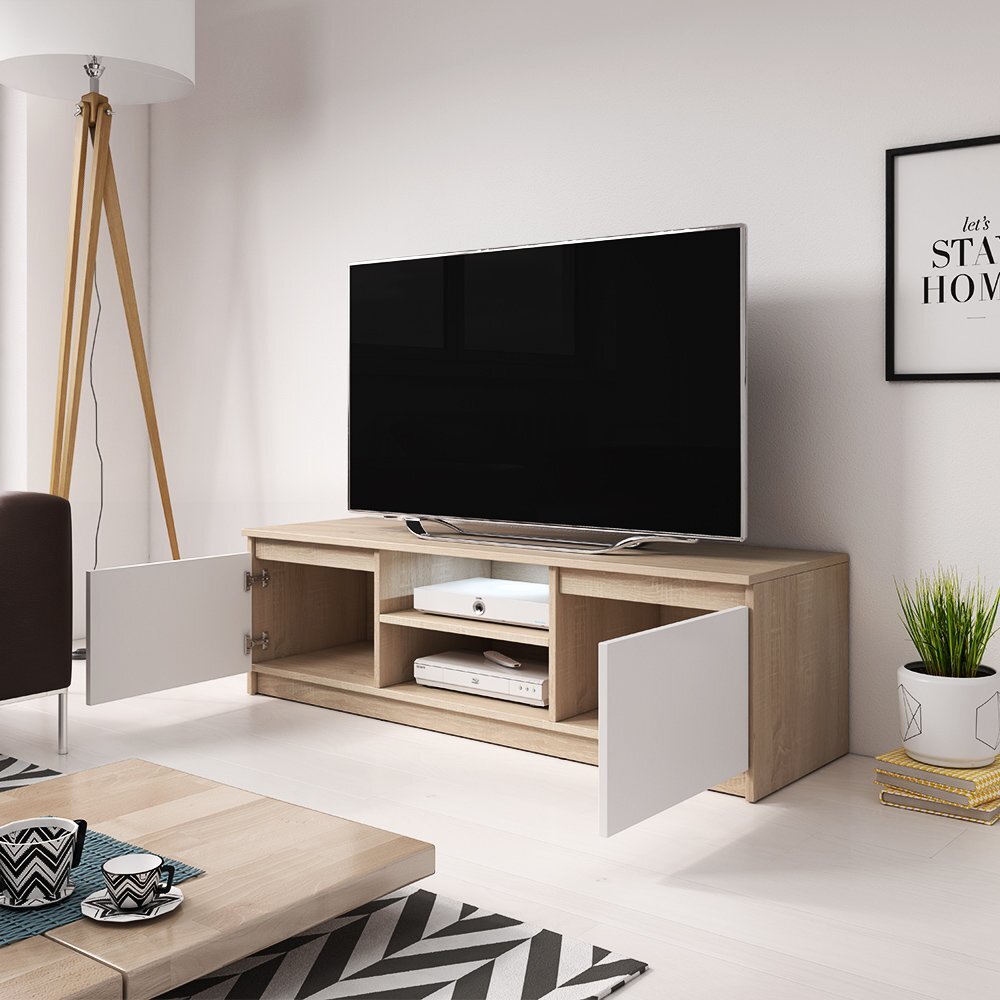 TV staliukas Permys LED, ąžuolo/baltos spalvos kaina ir informacija | TV staliukai | pigu.lt