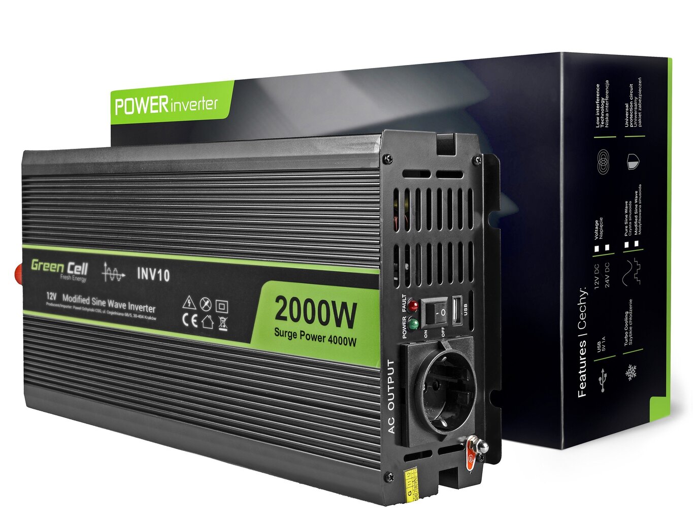 Green Cell galios keitiklis nuo 12 V iki 230 V 2000W/4000W Modifikuota sinuso banga цена и информация | Auto reikmenys | pigu.lt
