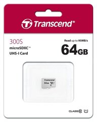 Карта памяти MICRO SDXC 64GB W/ADAPT/UHS-I TS64GUSD300S-A TRANSCEND цена и информация | Карты памяти для телефонов | pigu.lt