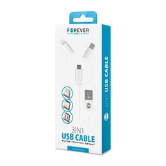 Кабель USB Forever 3in1 нейлоновый micro USB + USB для iPhone + USB type-C, белый цена и информация | Кабели для телефонов | pigu.lt