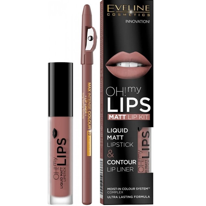 Rinkinys Eveline Oh My Lips Liquid Matt 02 Milky Chocolate: lūpų dažai 4.5 ml + lūpų kontūro pieštukas 1 vnt. kaina ir informacija | Lūpų dažai, blizgiai, balzamai, vazelinai | pigu.lt