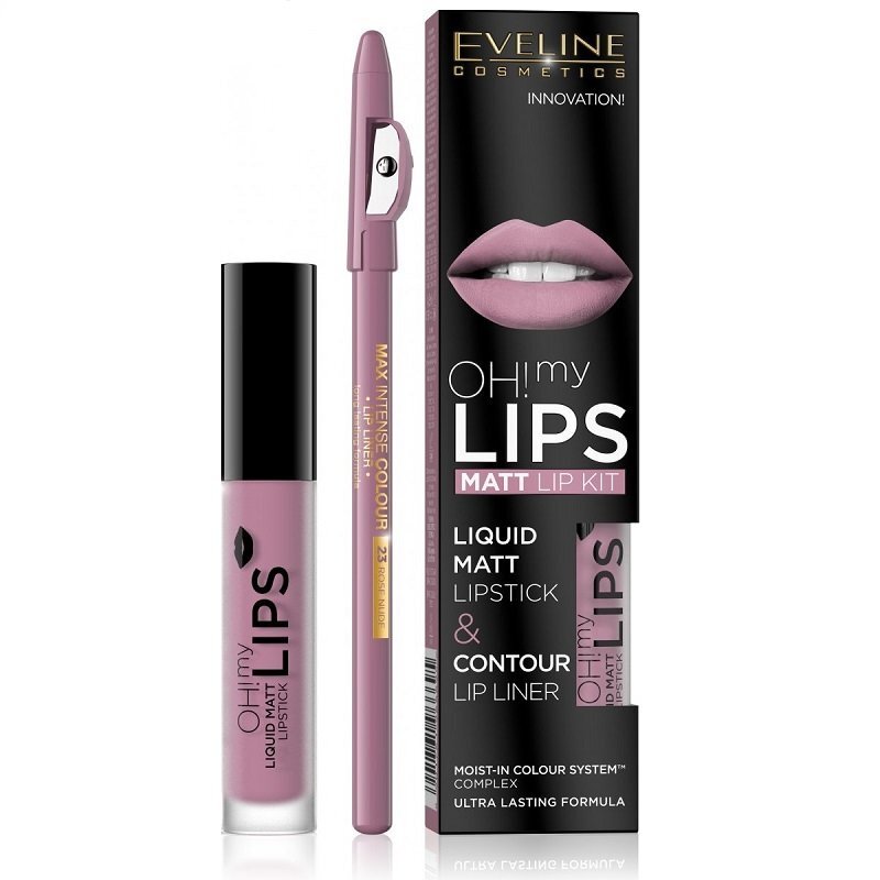 Rinkinys Eveline Oh My Lips Liquid Matt 03 Rose Nude: lūpų dažai 4.5 ml + lūpų kontūro pieštukas 1 vnt. kaina ir informacija | Lūpų dažai, blizgiai, balzamai, vazelinai | pigu.lt