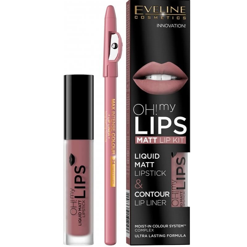 Rinkinys Eveline Oh My Lips Liquid Matt 04 Sweet Lips: lūpų dažai 4.5 ml + lūpų kontūro pieštukas 1 vnt. kaina ir informacija | Lūpų dažai, blizgiai, balzamai, vazelinai | pigu.lt