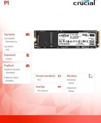 Crucial P1 500GB M.2 PCIe NVMe (CT500P1SSD8) kaina ir informacija | Vidiniai kietieji diskai (HDD, SSD, Hybrid) | pigu.lt