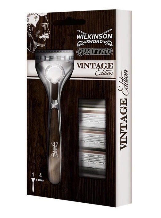 Rinkinys Wilkinson Sword Quattro Vintage vyrams: skustuvas 1 vnt. + skutimosi peiliukai 4 vnt. цена и информация | Skutimosi priemonės ir kosmetika | pigu.lt