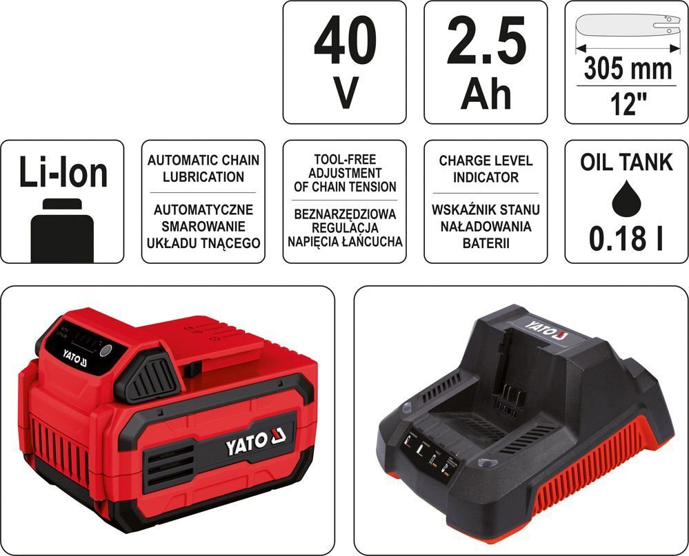 Yato akumuliatorinis grandininis pjūklas 40 V YT-85090 kaina ir informacija | Grandininiai pjūklai | pigu.lt