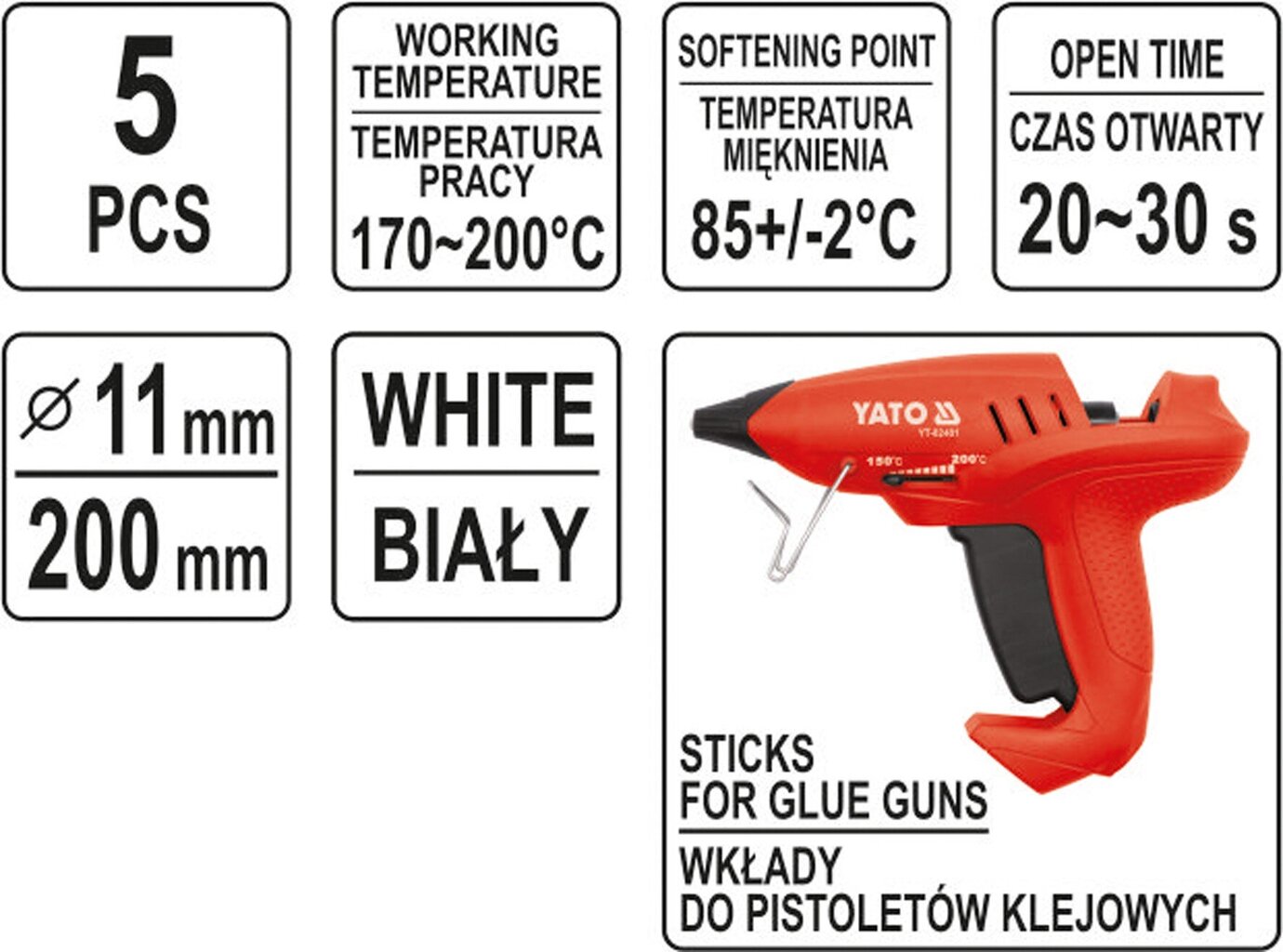 Karštų klijų lazdelės baltos 11x200mm, 5 vnt. Yato (YT-82438) kaina ir informacija | Mechaniniai įrankiai | pigu.lt