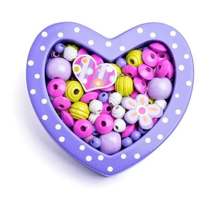 Medinių karoliukų rinkinys vėrimui "Violetinė širdelė", Woody kaina ir informacija | Lavinamieji žaislai | pigu.lt