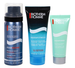 Rinkinys vyrams Biotherm Aquapower: skutimosi putos 50 ml + dušo želė 40 ml + veido valymo gelis 20 ml kaina ir informacija | Skutimosi priemonės ir kosmetika | pigu.lt