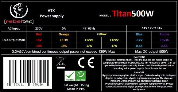Rebeltec Titan Series 500W kaina ir informacija | Maitinimo šaltiniai (PSU) | pigu.lt