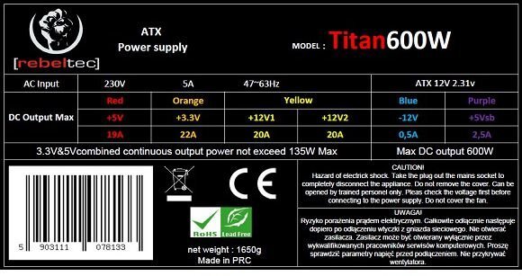 Rebeltec Titan Series 600W kaina ir informacija | Maitinimo šaltiniai (PSU) | pigu.lt