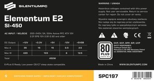 SilentiumPC Elementum E2 SI 450W (80+ EU, 1xPEG, 120mm) (SPC197) цена и информация | Блоки питания (PSU) | pigu.lt