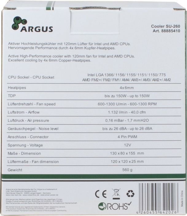 Inter-Tech Multi Inter-Tech Argus SU-260 115xAM3/4FM TDP 150W (88885410) цена и информация | Procesorių aušintuvai | pigu.lt
