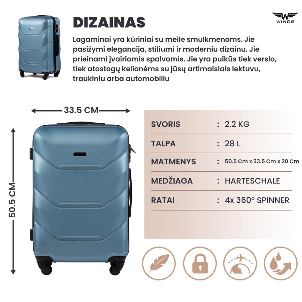 Mažas lagaminas Wings Peacock XS, šviesiai mėlynas kaina ir informacija | Lagaminai, kelioniniai krepšiai | pigu.lt
