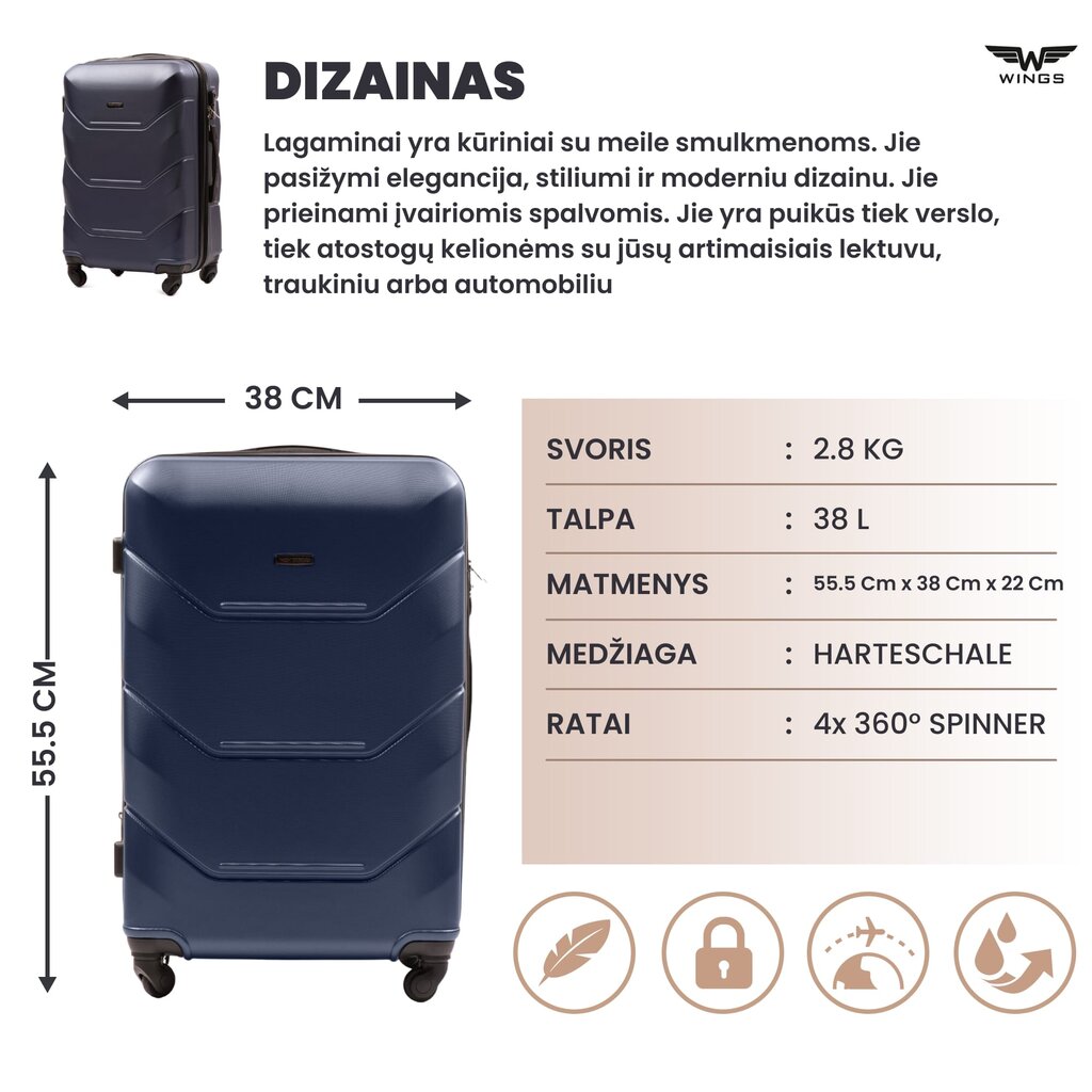 Mažas lagaminas Wings Peacock S, tamsiai mėlynas цена и информация | Lagaminai, kelioniniai krepšiai | pigu.lt