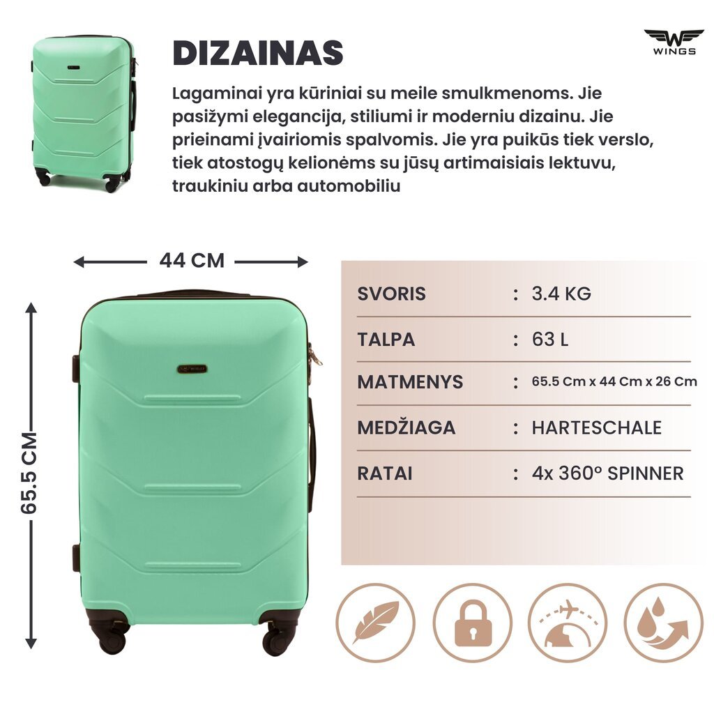 Vidutinis lagaminas Wings Peacock M, šviesiai žalias цена и информация | Lagaminai, kelioniniai krepšiai | pigu.lt