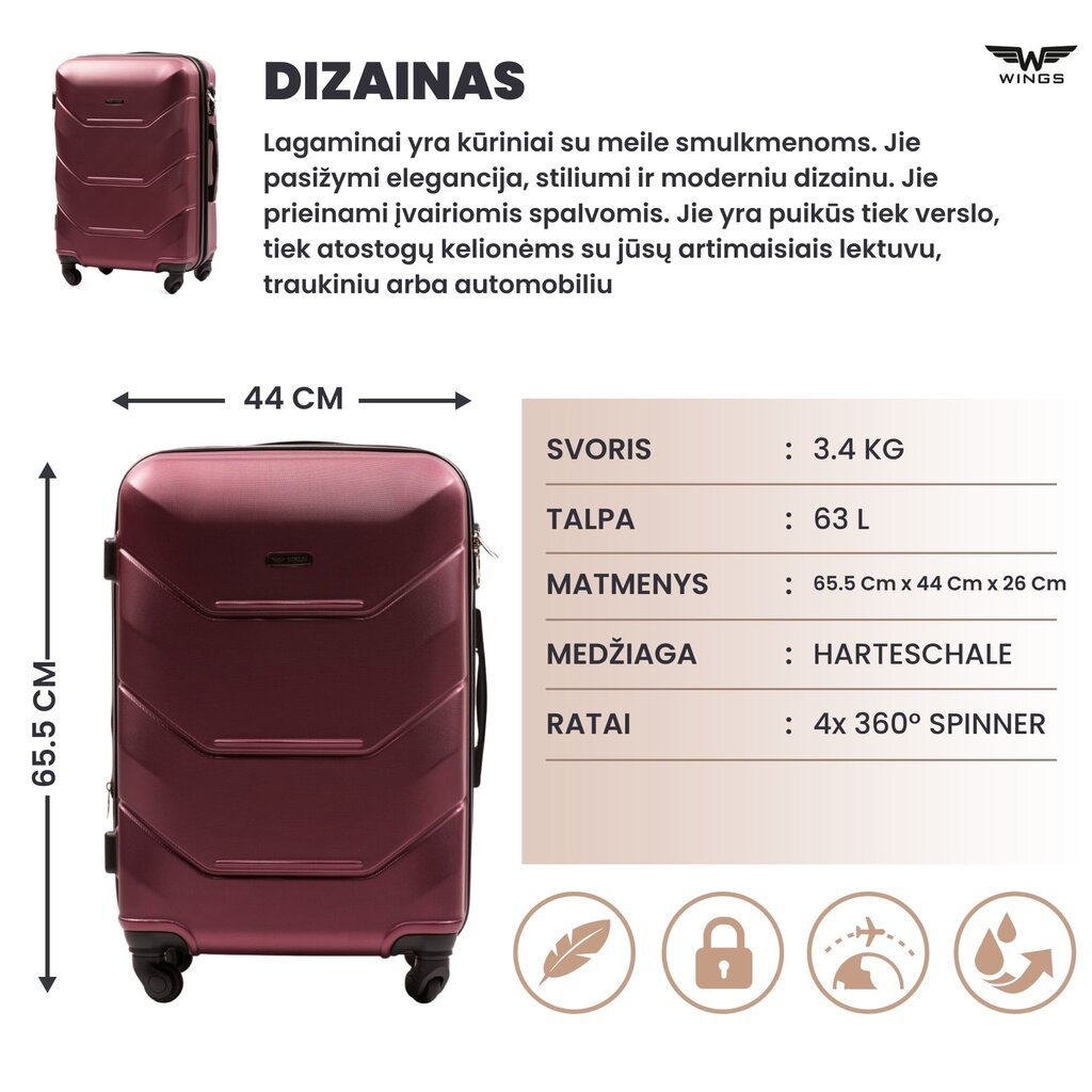 Vidutinis lagaminas Wings Peacock M, tamsiai raudonas kaina ir informacija | Lagaminai, kelioniniai krepšiai | pigu.lt