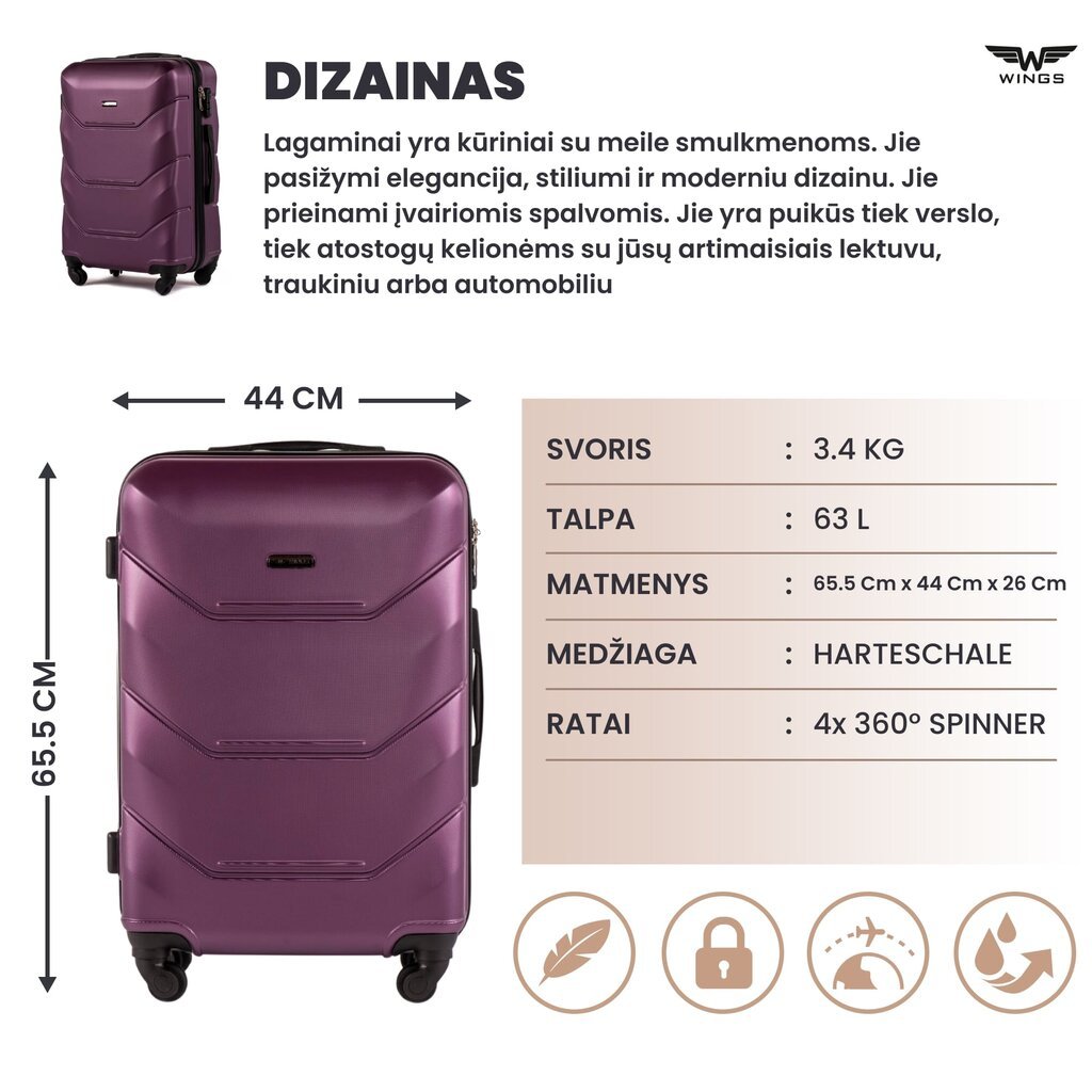 Vidutinis lagaminas Wings Peacock, tamsiai violetinis kaina ir informacija | Lagaminai, kelioniniai krepšiai | pigu.lt
