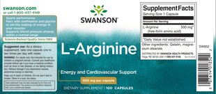 Maisto papildas Swanson L-argininas 500 mg., 100 kapsulių kaina ir informacija | Vitaminai, maisto papildai, preparatai gerai savijautai | pigu.lt