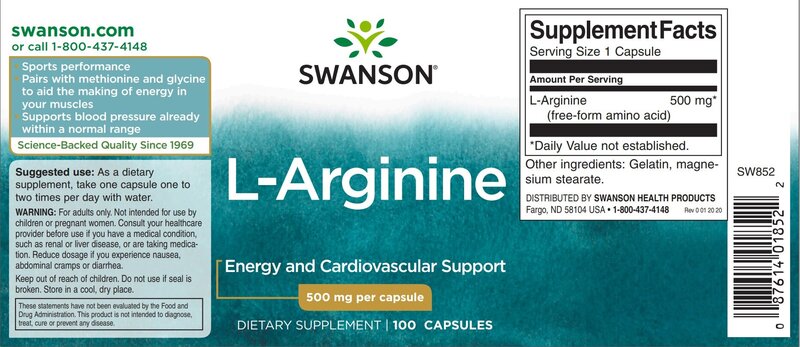 Maisto papildas Swanson L-argininas 500 mg., 100 kapsulių kaina | pigu.lt