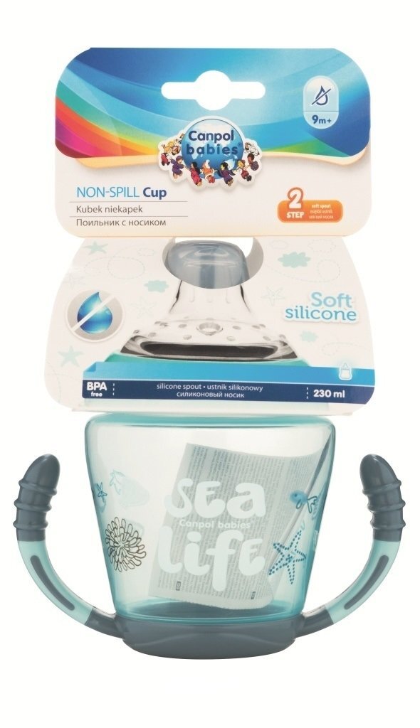 Neišsiliejantis puodelis Canpol Babies Sea life, 230ml, nuo 9 mėn., pilkas kaina ir informacija | Buteliukai kūdikiams ir jų priedai | pigu.lt