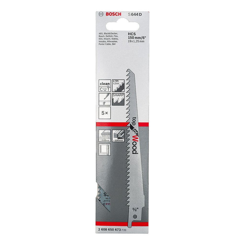 Bosch Brzeszczot do piły szablastej Top for Wood 150x19x1,25mm S644D 5szt. (2608650673) цена и информация | Pjūklai, pjovimo staklės | pigu.lt