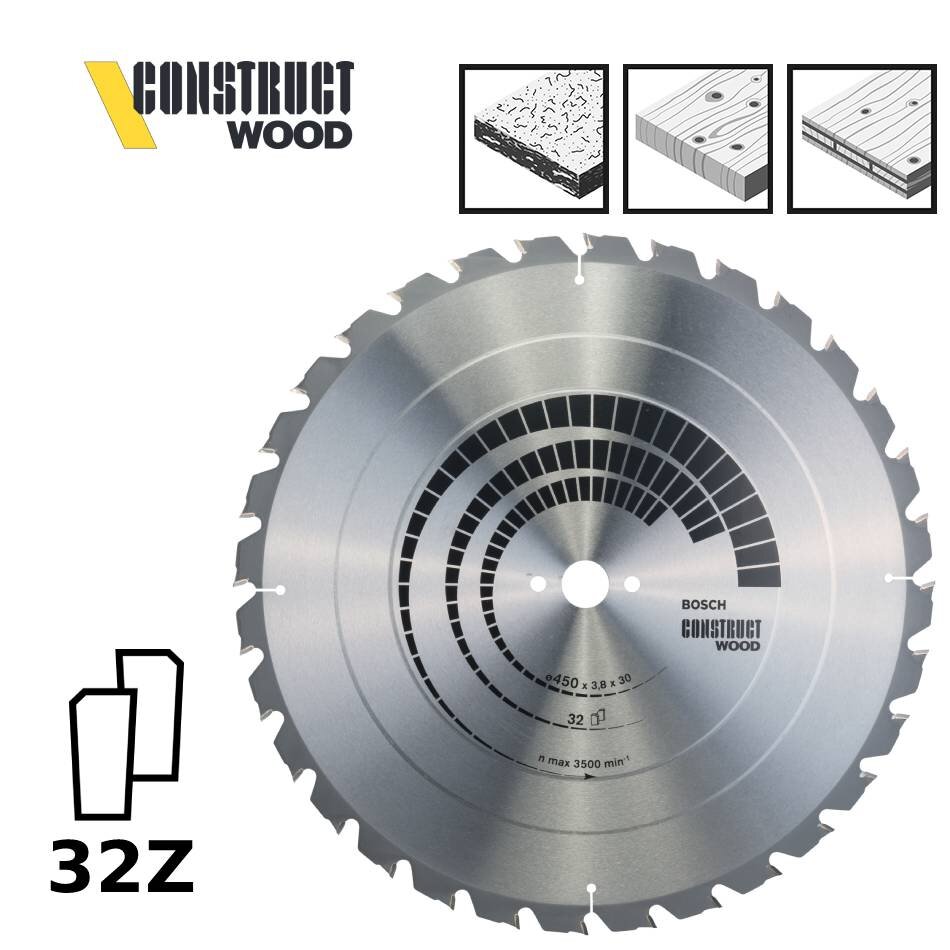 Pjovimo diskas Bosch Construct Wood, 450 mm kaina ir informacija | Pjūklai, pjovimo staklės | pigu.lt