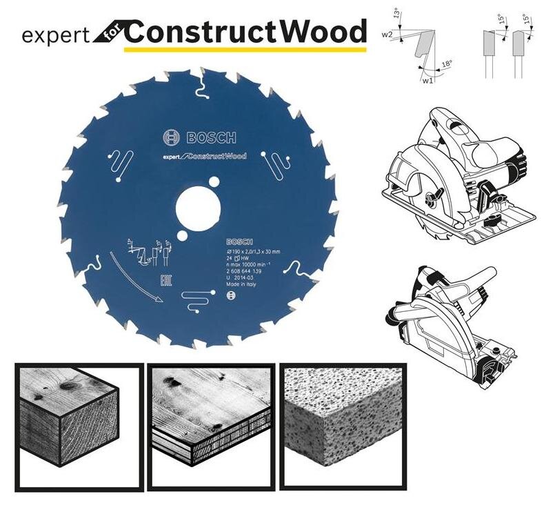 Pjovimo diskas Bosch Expert for Construct Wood, 190 mm цена и информация | Pjūklai, pjovimo staklės | pigu.lt