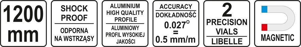 Gulsčiukas aliuminis, magnetinis, 120cm, 2L, Yato (YT-30064) kaina ir informacija | Mechaniniai įrankiai | pigu.lt