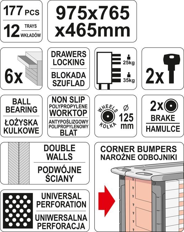 Profesionali įrankių spintelė Yato su 177 įrankiais, 6 stalčiais kaina ir informacija | Įrankių dėžės, laikikliai | pigu.lt