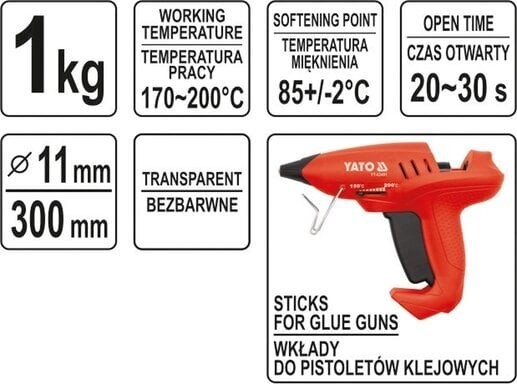 Karštų klijų lazdelės 11x300mm bespalvės 1 kg Yato(YT-82431) kaina ir informacija | Mechaniniai įrankiai | pigu.lt