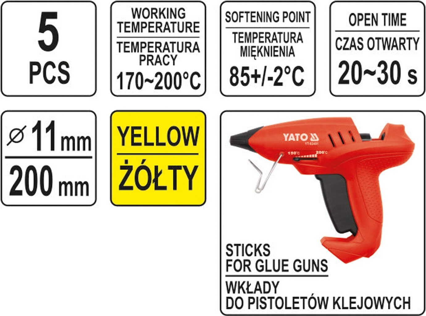 Karštų klijų lazdelės geltonos 11x200mm, 5 vnt. Yato (YT-82437) цена и информация | Mechaniniai įrankiai | pigu.lt