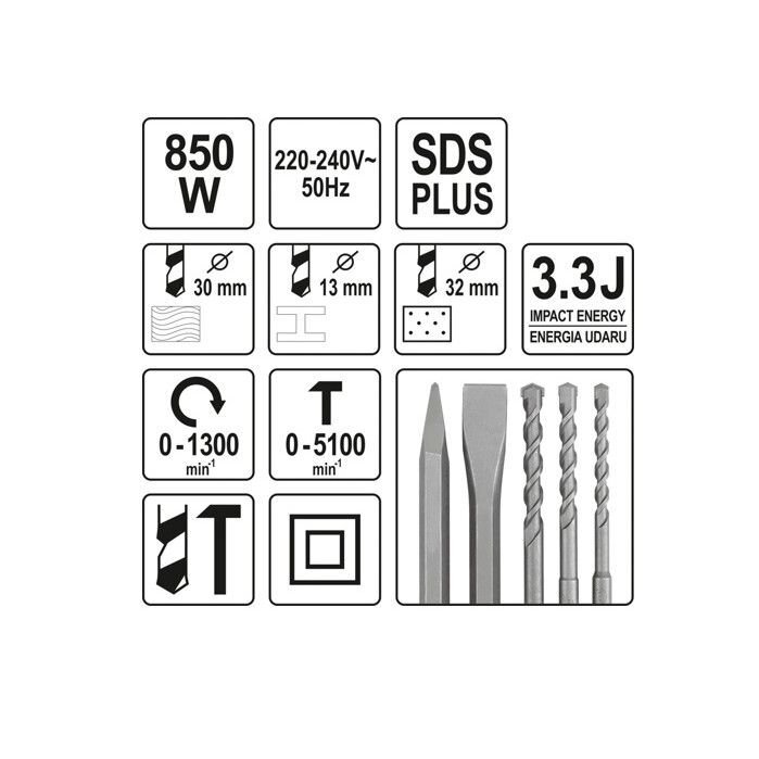 Perforatorius Yato SDS Plus 850W 3J (YT-82122) kaina ir informacija | Perforatoriai | pigu.lt