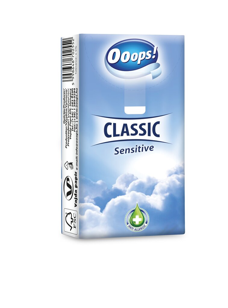 Popierinės nosinaitės 3-jų sluoksnių Ooops! Classic Sensitive, 1 pak. kaina ir informacija | Vatos gaminiai, drėgnos servetėlės | pigu.lt