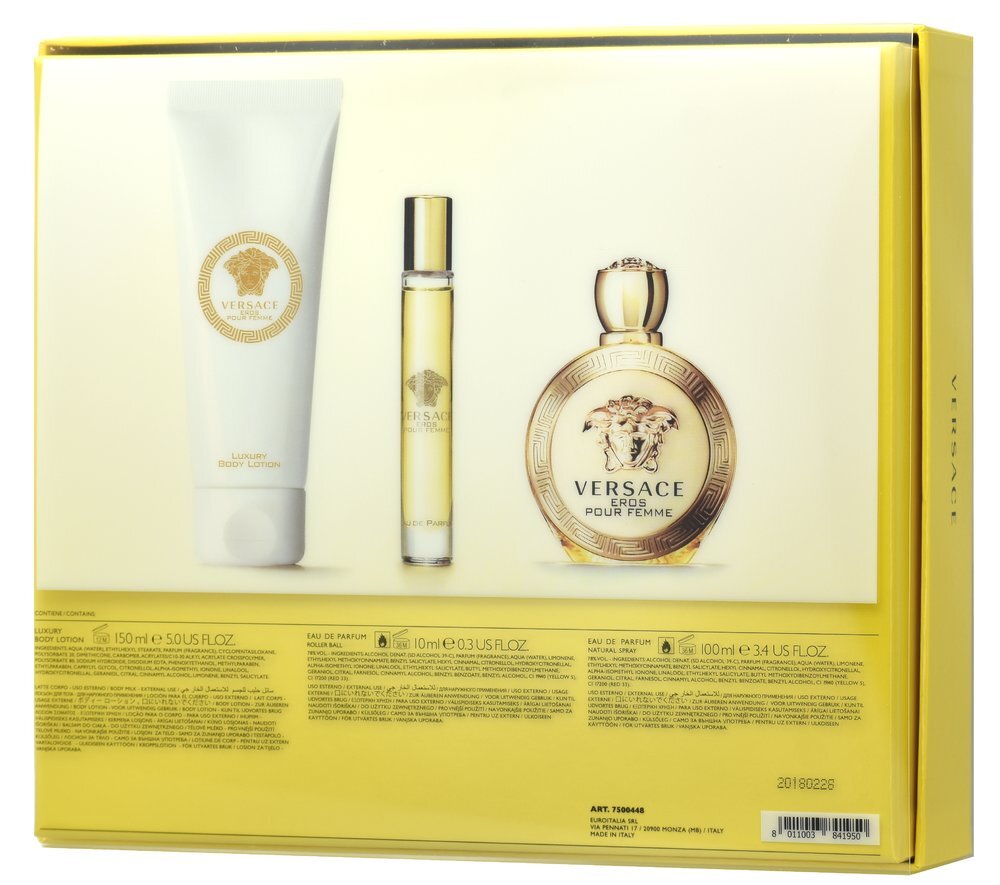 Versace Eros Pour Femm rinkinys moterims: kvapusis vanduo EDP 100 ml + losjonas kūnui 150 ml + kvapusis vanduo EDP roll-on 10 ml kaina ir informacija | Kvepalai moterims | pigu.lt