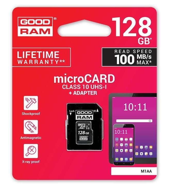 Goodram MicroSDXC 128GB Class 10/UHS 1 + Adapter kaina ir informacija | USB laikmenos | pigu.lt