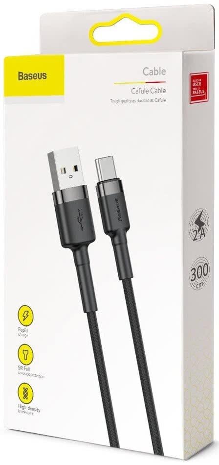 USB kabelis Baseus Cafule Type-C 1.0m 3A pilkas-juodas CATKLF-BG1 цена и информация | Laidai telefonams | pigu.lt