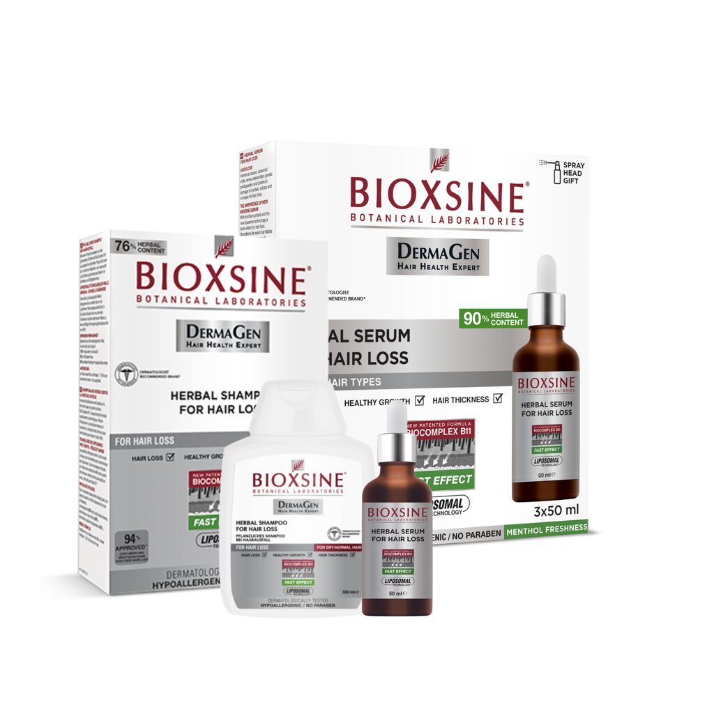 Bioxsine: Bioxsine serumas nuo plaukų slinkimo 3x50ml + Bioxsine šampūnas normaliems/sausiems plaukams 300 ml kaina ir informacija | Šampūnai | pigu.lt