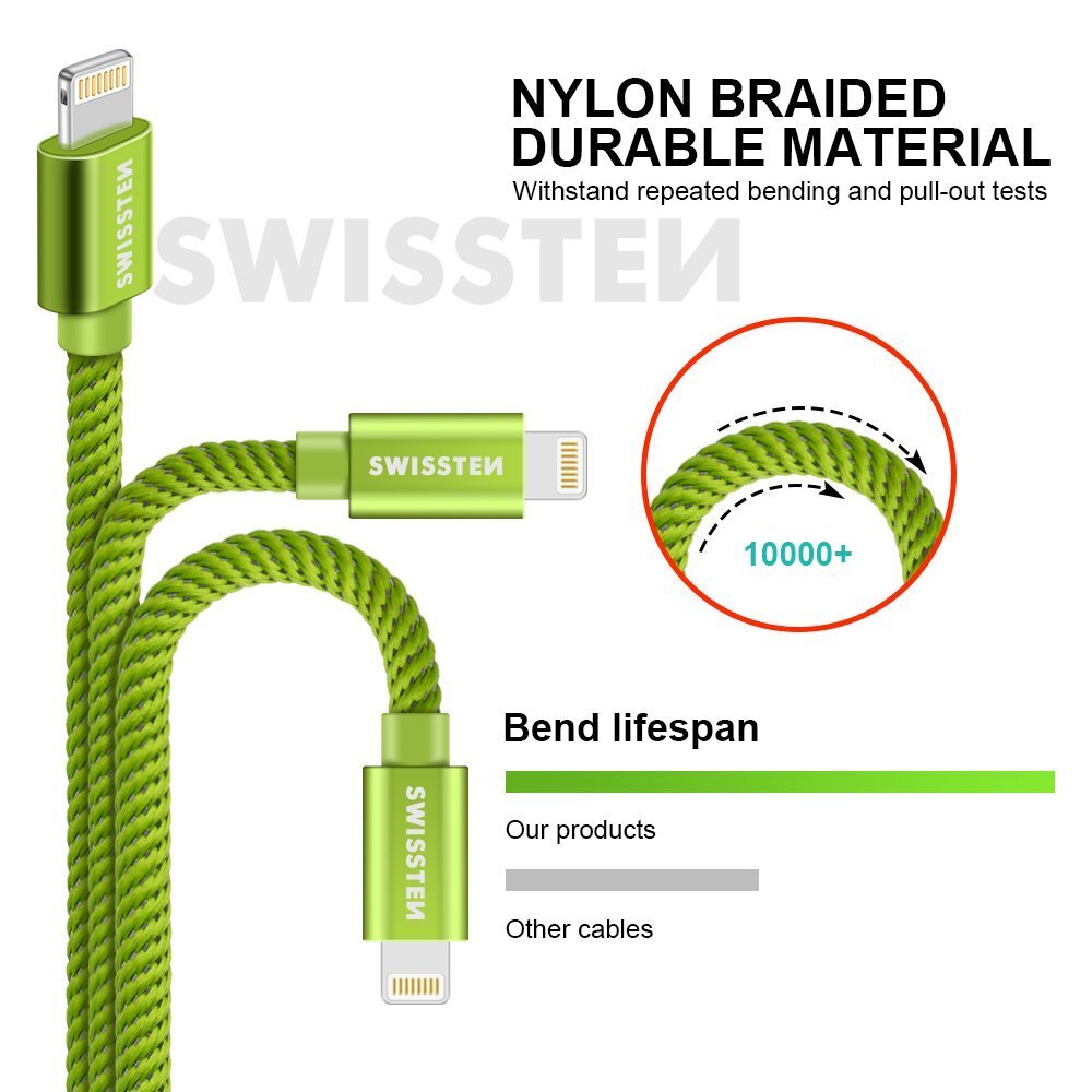 Swissten Textile Fast Charge 3A Lighthing (MD818ZM/A) Data and Charging Cable 2m Green kaina ir informacija | Kabeliai ir laidai | pigu.lt