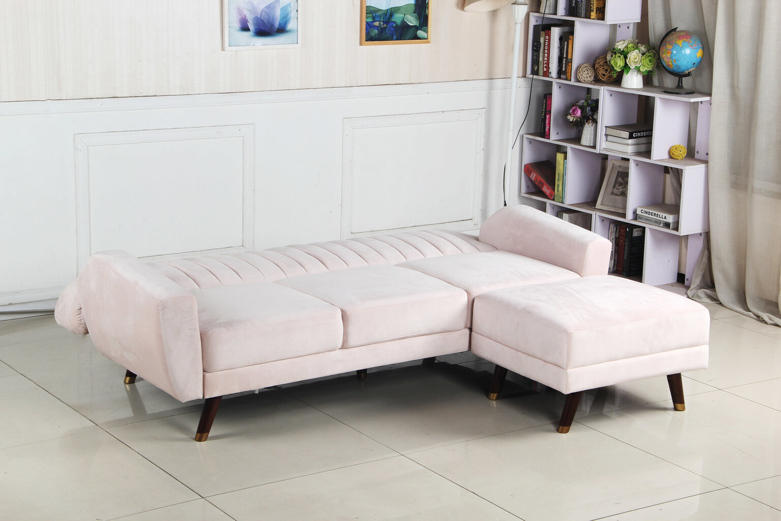Sofa su pufu Karen 3S, kreminė kaina ir informacija | Minkšti kampai | pigu.lt