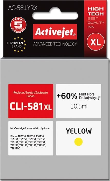 Kasetė spausdintuvams ActiveJet AC-581YRX, geltona kaina ir informacija | Kasetės rašaliniams spausdintuvams | pigu.lt