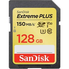 SanDisk Extreme Plus SDXC Card 128GB, 150MB/s V30 UHS-I U3 kaina ir informacija | Atminties kortelės fotoaparatams, kameroms | pigu.lt