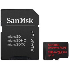 SanDisk Extreme Plus microSDXC 128GB + SD Adapter + Rescue Pro Deluxe 170MB/s A2 C10 V30 UHS-I U3; EAN: 619659169510 kaina ir informacija | Atminties kortelės fotoaparatams, kameroms | pigu.lt