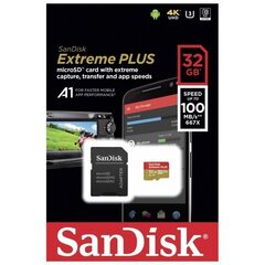 Sandisk карта памяти microSDHC 32GB Extreme Plus A1 + адаптер цена и информация | Карты памяти для фотоаппаратов, камер | pigu.lt