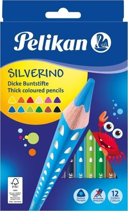 Spalvoti pieštukai 12 spalvos Pelican Silverino trikampis SOFT rupus kaina ir informacija | Piešimo, tapybos, lipdymo reikmenys | pigu.lt