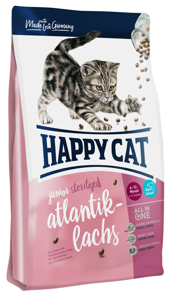 Happy Cat sterilizuotoms jaunoms katėms su lašiša Junior, 1,4 kg цена и информация | Sausas maistas katėms | pigu.lt