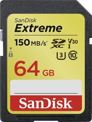 Карта памяти SanDisk Extreme SDXC 64 ГБ 150/60 МБ/с V30 UHS-I U3 (SDSDXV6-064G-GNCIN) цена и информация | Карты памяти для фотоаппаратов, камер | pigu.lt
